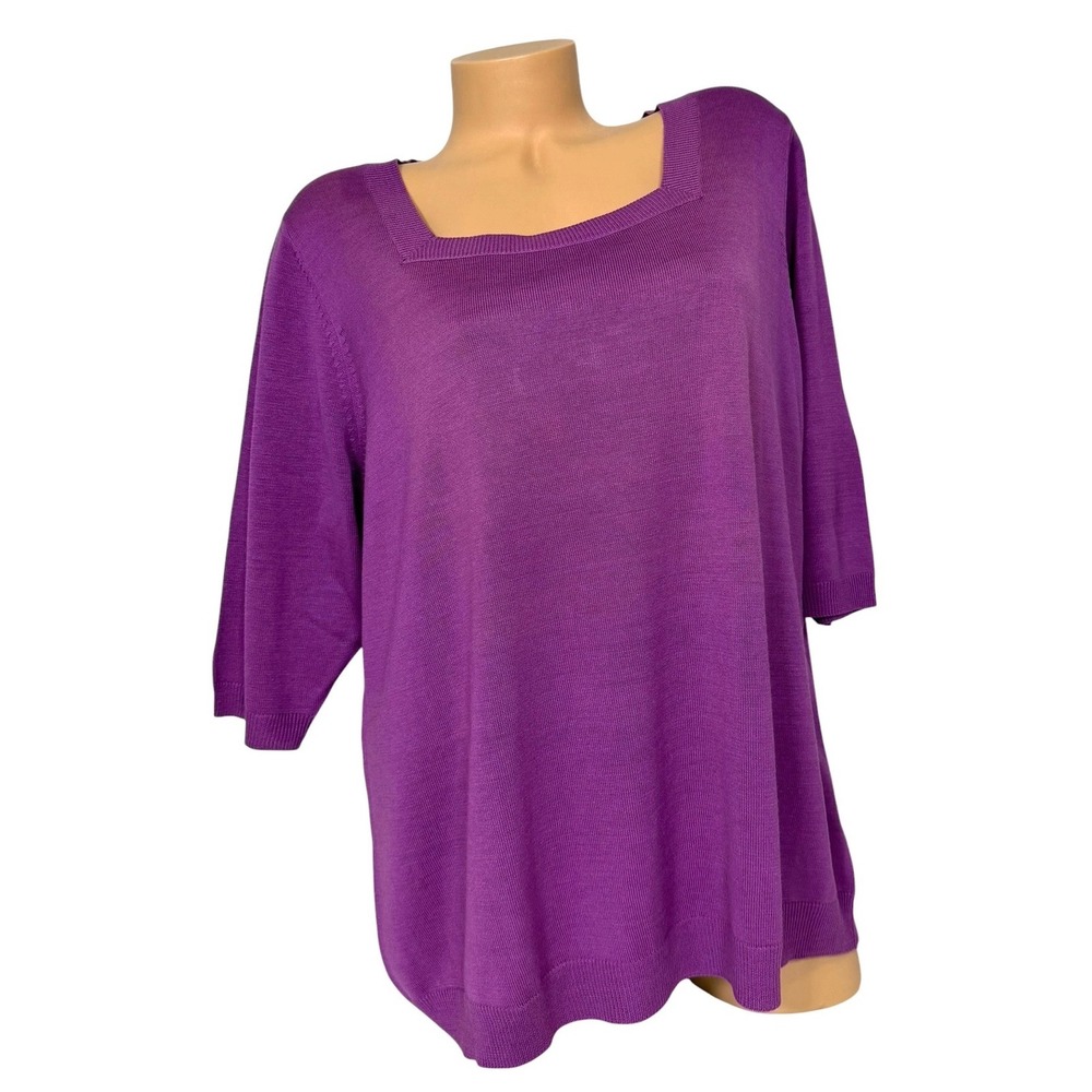 Bob Mackie Wearable Art Purple Silk Cotton Square Neck Knit Top 1X Elbow Sleeve